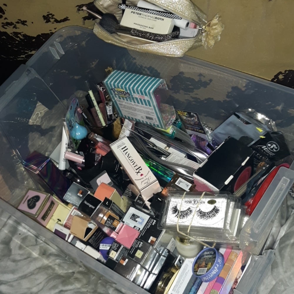 Makeup galore in my closet.